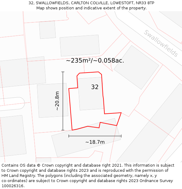 32, SWALLOWFIELDS, CARLTON COLVILLE, LOWESTOFT, NR33 8TP: Plot and title map