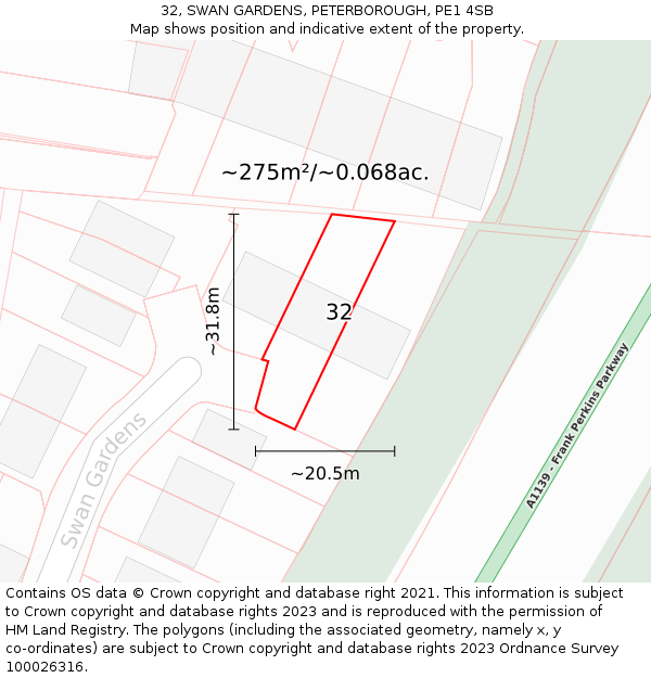 32, SWAN GARDENS, PETERBOROUGH, PE1 4SB: Plot and title map