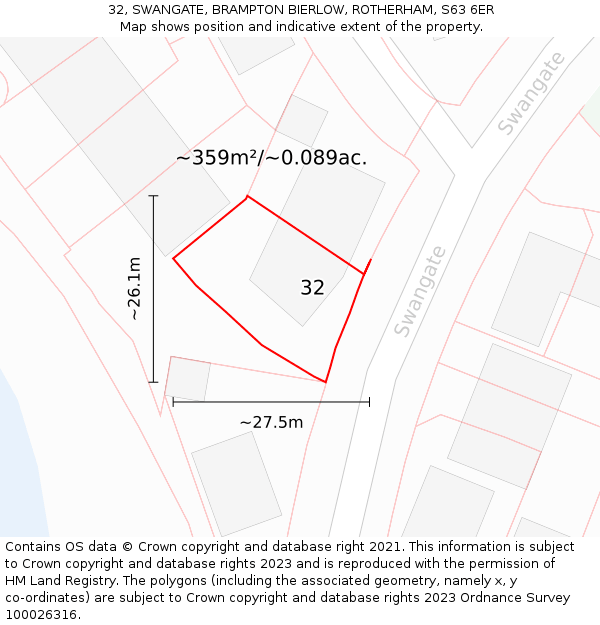 32, SWANGATE, BRAMPTON BIERLOW, ROTHERHAM, S63 6ER: Plot and title map