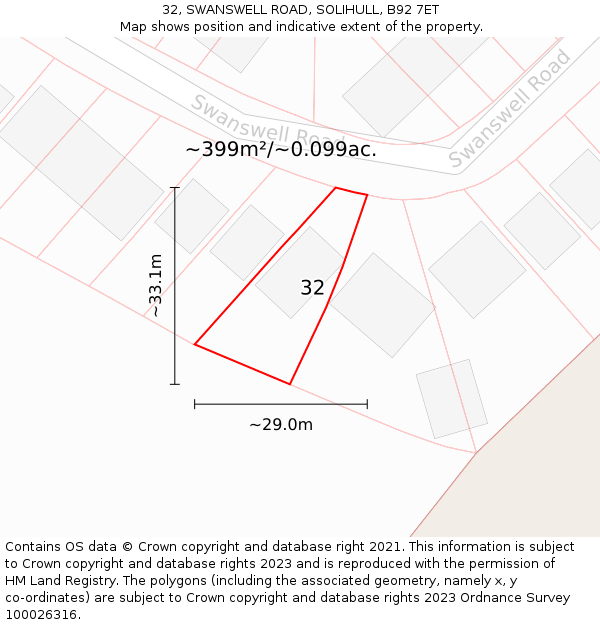 32, SWANSWELL ROAD, SOLIHULL, B92 7ET: Plot and title map