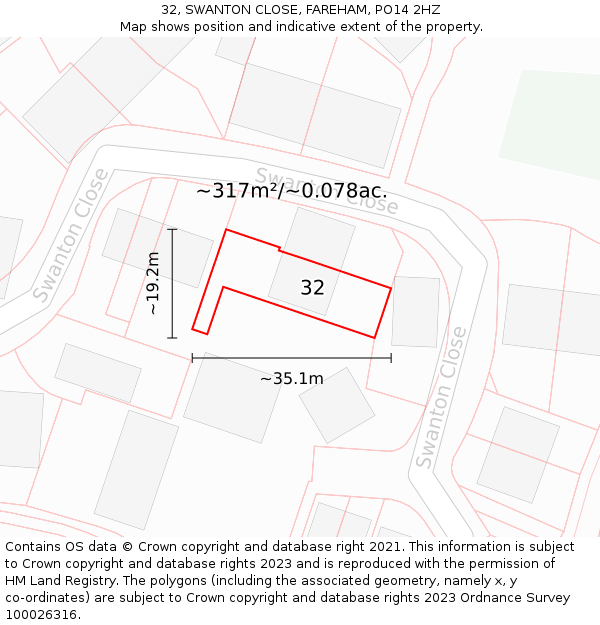 32, SWANTON CLOSE, FAREHAM, PO14 2HZ: Plot and title map