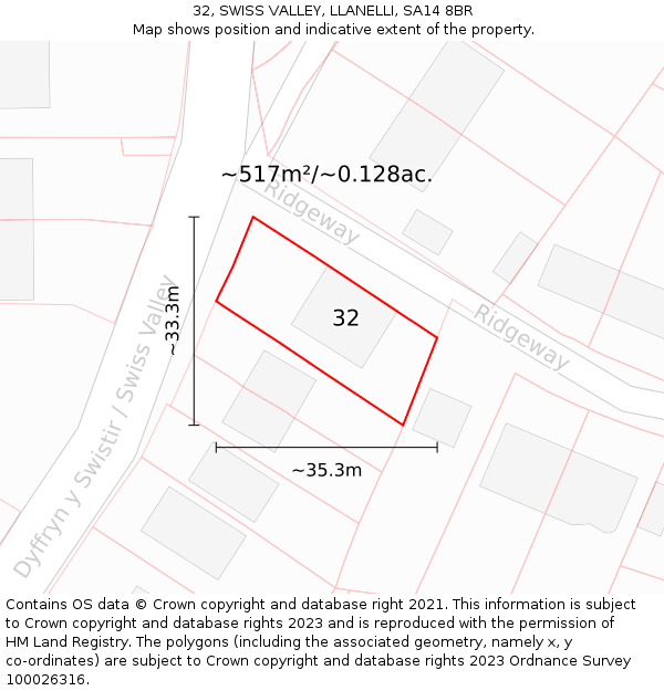 32, SWISS VALLEY, LLANELLI, SA14 8BR: Plot and title map