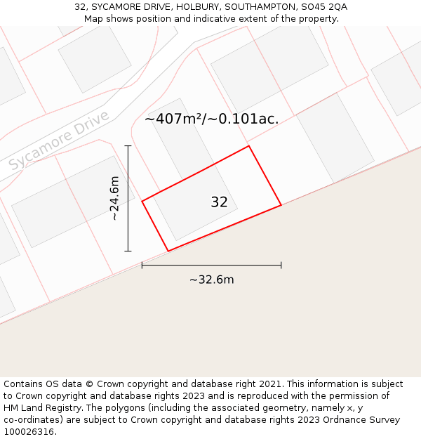 32, SYCAMORE DRIVE, HOLBURY, SOUTHAMPTON, SO45 2QA: Plot and title map