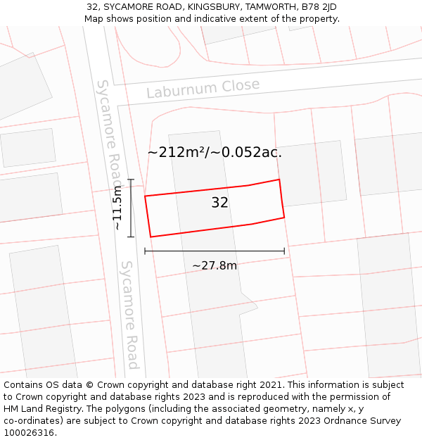 32, SYCAMORE ROAD, KINGSBURY, TAMWORTH, B78 2JD: Plot and title map