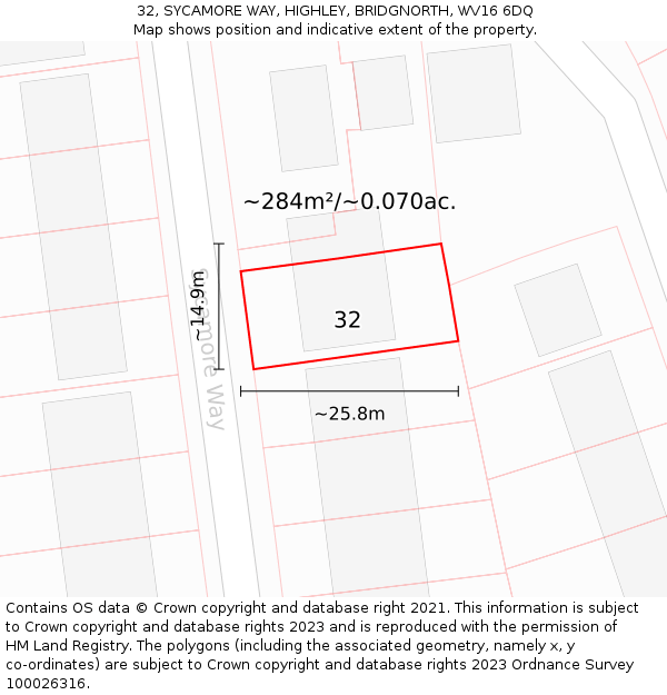 32, SYCAMORE WAY, HIGHLEY, BRIDGNORTH, WV16 6DQ: Plot and title map