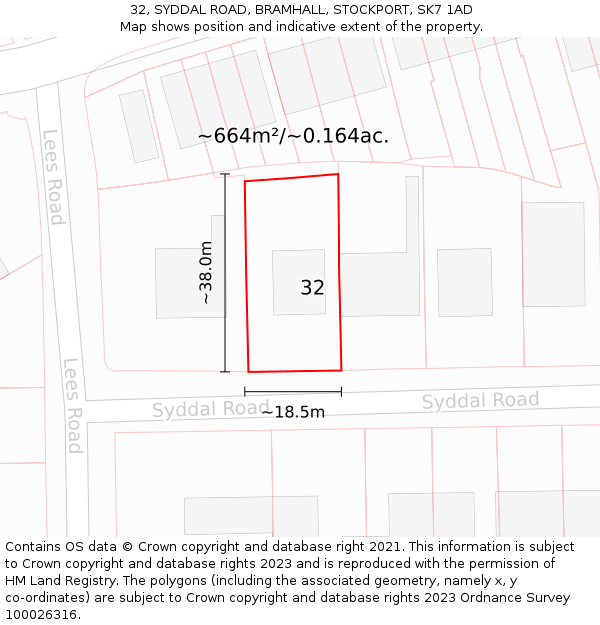 32, SYDDAL ROAD, BRAMHALL, STOCKPORT, SK7 1AD: Plot and title map