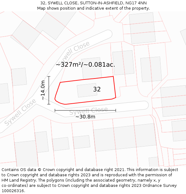 32, SYWELL CLOSE, SUTTON-IN-ASHFIELD, NG17 4NN: Plot and title map