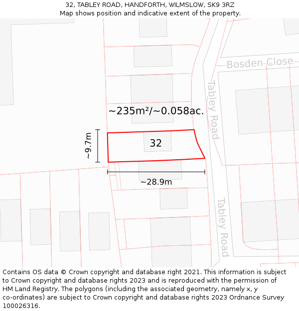 32, TABLEY ROAD, HANDFORTH, WILMSLOW, SK9 3RZ: Plot and title map
