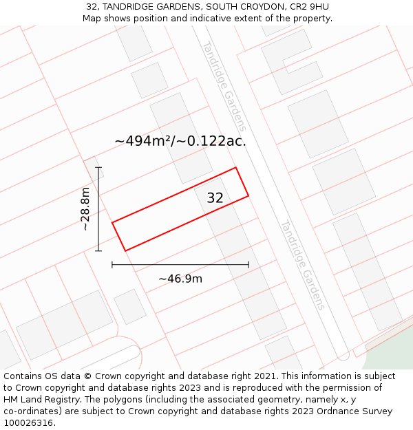 32, TANDRIDGE GARDENS, SOUTH CROYDON, CR2 9HU: Plot and title map