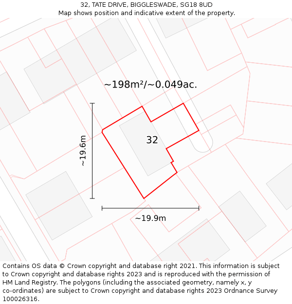 32, TATE DRIVE, BIGGLESWADE, SG18 8UD: Plot and title map