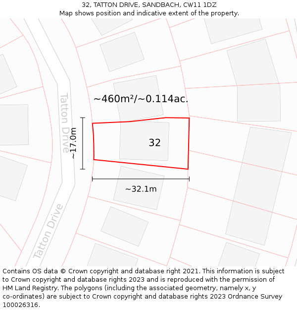 32, TATTON DRIVE, SANDBACH, CW11 1DZ: Plot and title map