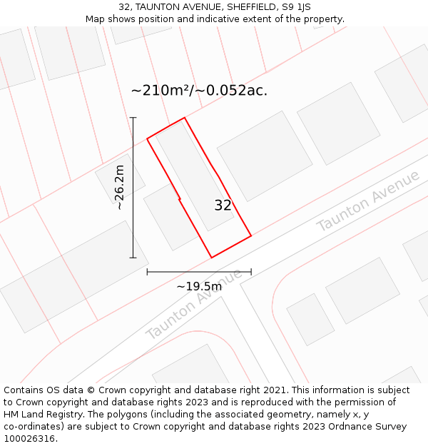 32, TAUNTON AVENUE, SHEFFIELD, S9 1JS: Plot and title map
