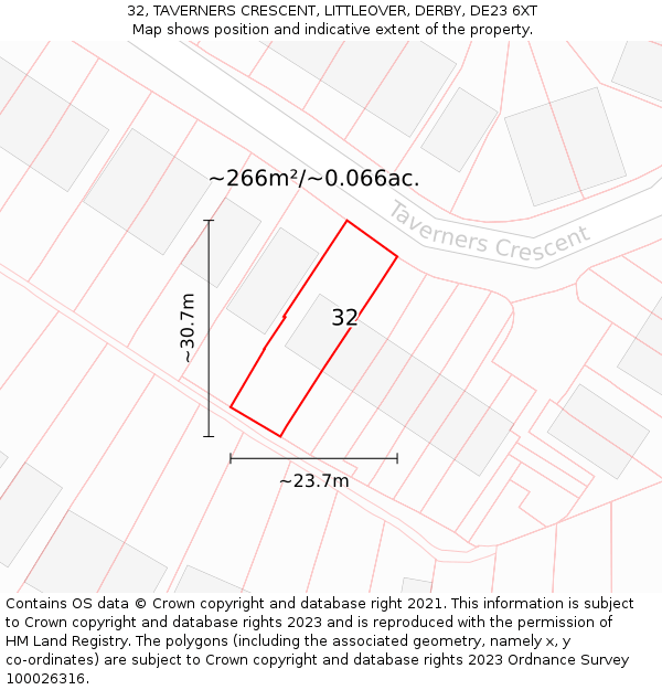 32, TAVERNERS CRESCENT, LITTLEOVER, DERBY, DE23 6XT: Plot and title map