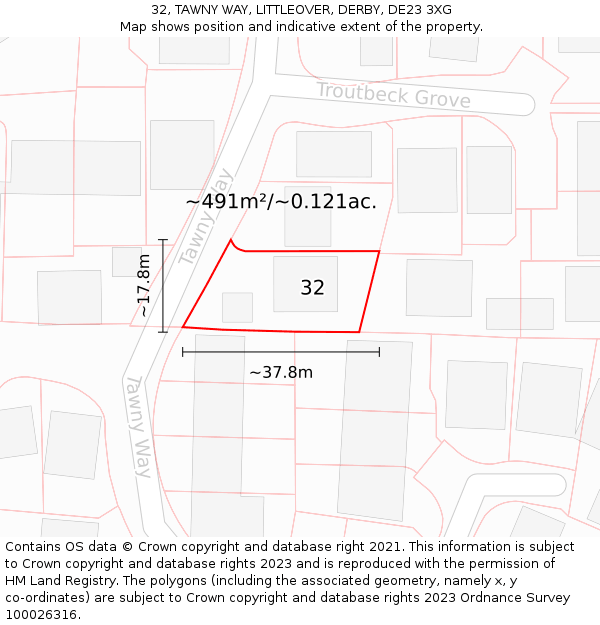 32, TAWNY WAY, LITTLEOVER, DERBY, DE23 3XG: Plot and title map