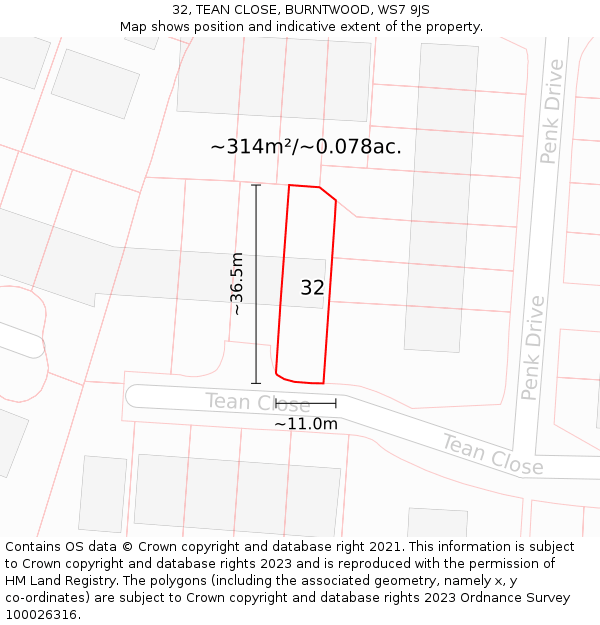 32, TEAN CLOSE, BURNTWOOD, WS7 9JS: Plot and title map