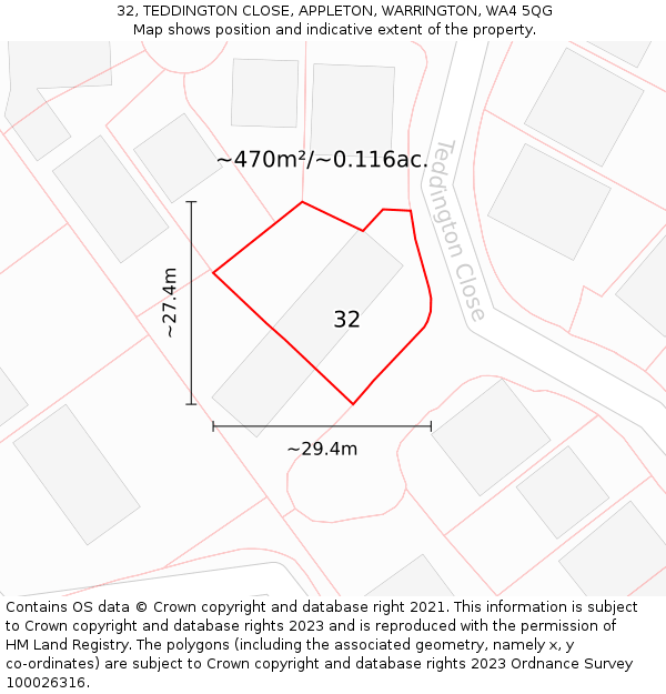 32, TEDDINGTON CLOSE, APPLETON, WARRINGTON, WA4 5QG: Plot and title map