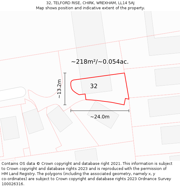 32, TELFORD RISE, CHIRK, WREXHAM, LL14 5AJ: Plot and title map