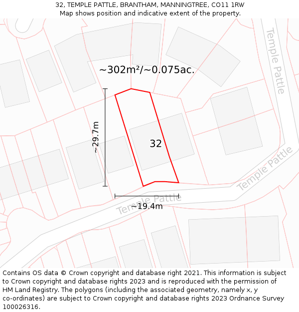 32, TEMPLE PATTLE, BRANTHAM, MANNINGTREE, CO11 1RW: Plot and title map