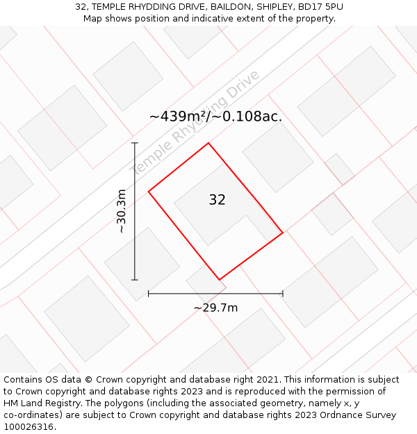32, TEMPLE RHYDDING DRIVE, BAILDON, SHIPLEY, BD17 5PU: Plot and title map