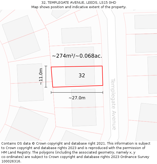32, TEMPLEGATE AVENUE, LEEDS, LS15 0HD: Plot and title map