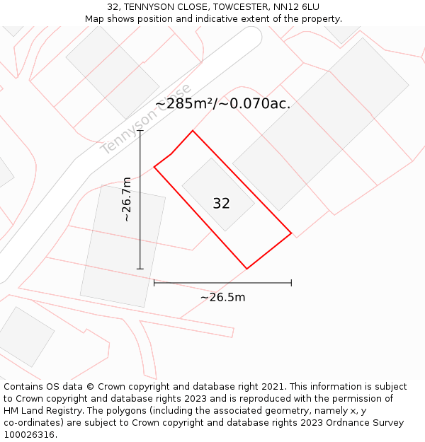 32, TENNYSON CLOSE, TOWCESTER, NN12 6LU: Plot and title map