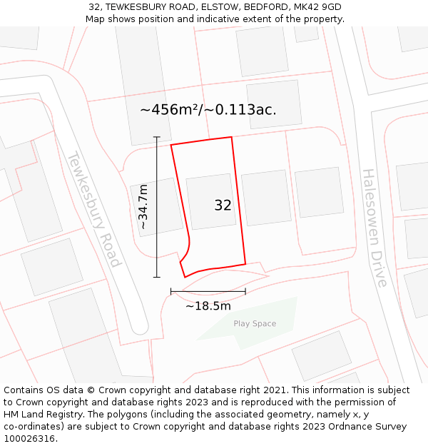 32, TEWKESBURY ROAD, ELSTOW, BEDFORD, MK42 9GD: Plot and title map