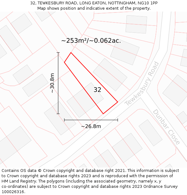 32, TEWKESBURY ROAD, LONG EATON, NOTTINGHAM, NG10 1PP: Plot and title map