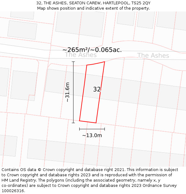 32, THE ASHES, SEATON CAREW, HARTLEPOOL, TS25 2QY: Plot and title map