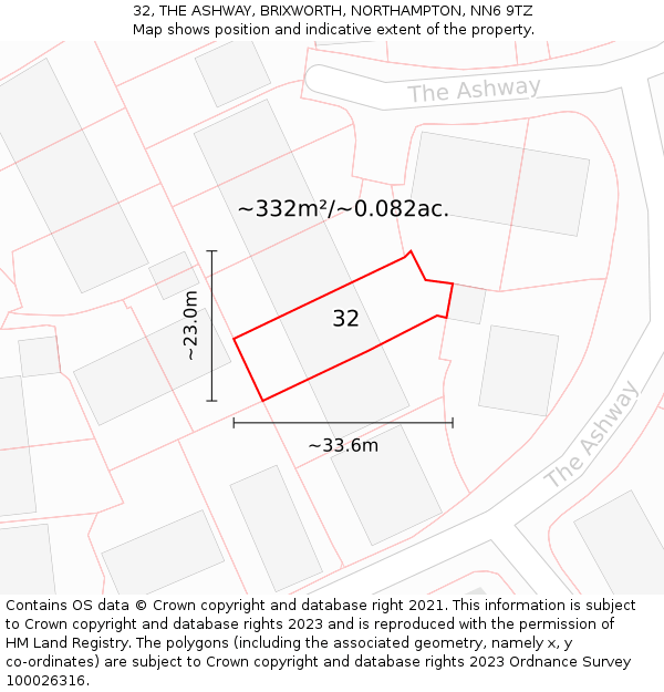 32, THE ASHWAY, BRIXWORTH, NORTHAMPTON, NN6 9TZ: Plot and title map