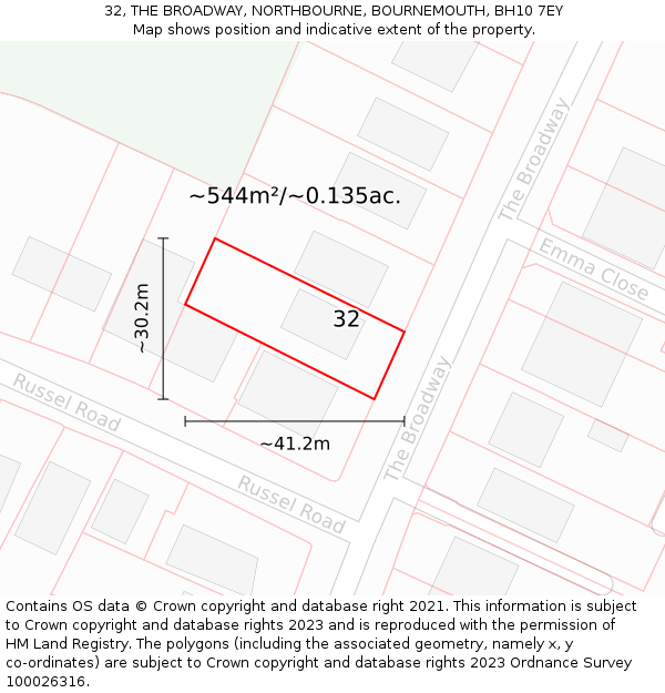 32, THE BROADWAY, NORTHBOURNE, BOURNEMOUTH, BH10 7EY: Plot and title map