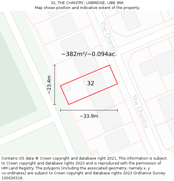 32, THE CHANTRY, UXBRIDGE, UB8 3RA: Plot and title map