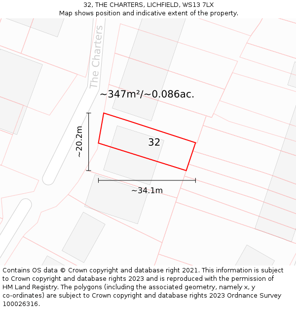32, THE CHARTERS, LICHFIELD, WS13 7LX: Plot and title map