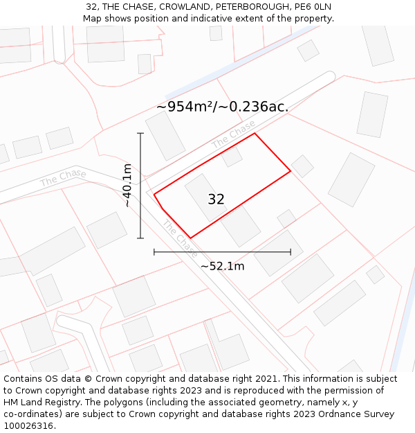 32, THE CHASE, CROWLAND, PETERBOROUGH, PE6 0LN: Plot and title map