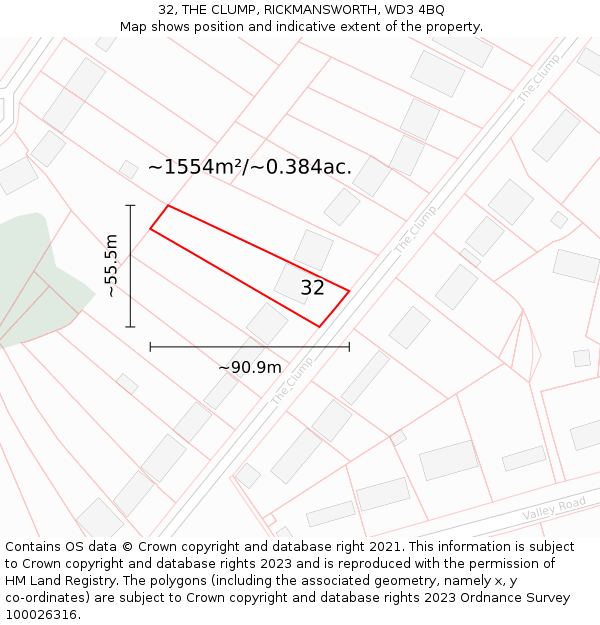 32, THE CLUMP, RICKMANSWORTH, WD3 4BQ: Plot and title map