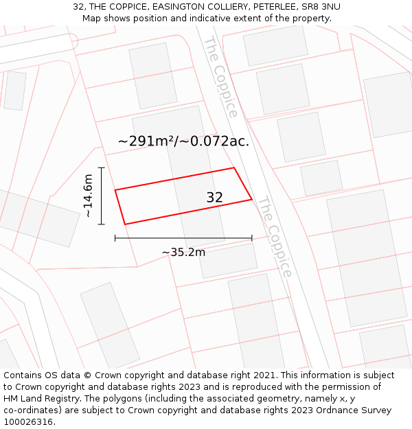 32, THE COPPICE, EASINGTON COLLIERY, PETERLEE, SR8 3NU: Plot and title map