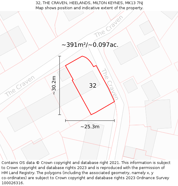32, THE CRAVEN, HEELANDS, MILTON KEYNES, MK13 7NJ: Plot and title map