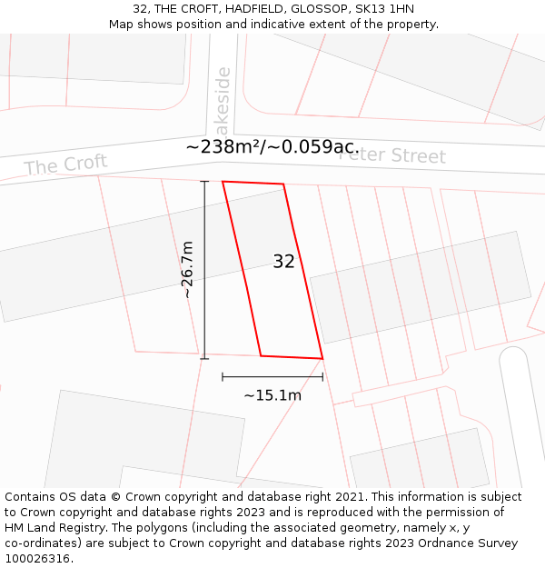 32, THE CROFT, HADFIELD, GLOSSOP, SK13 1HN: Plot and title map