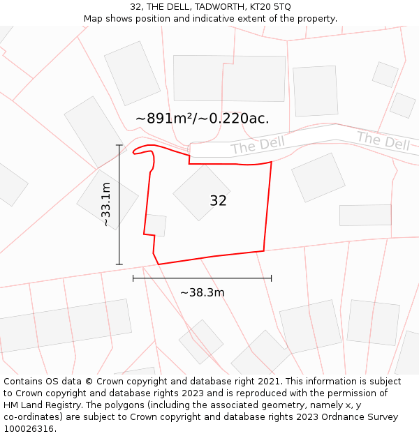 32, THE DELL, TADWORTH, KT20 5TQ: Plot and title map
