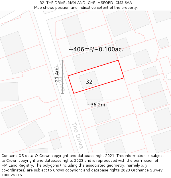 32, THE DRIVE, MAYLAND, CHELMSFORD, CM3 6AA: Plot and title map