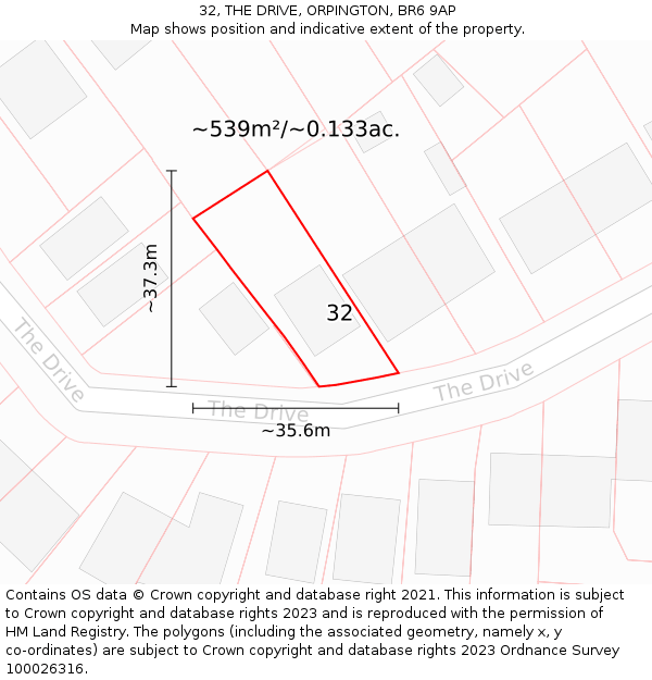 32, THE DRIVE, ORPINGTON, BR6 9AP: Plot and title map