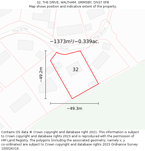 32, THE DRIVE, WALTHAM, GRIMSBY, DN37 0FB: Plot and title map