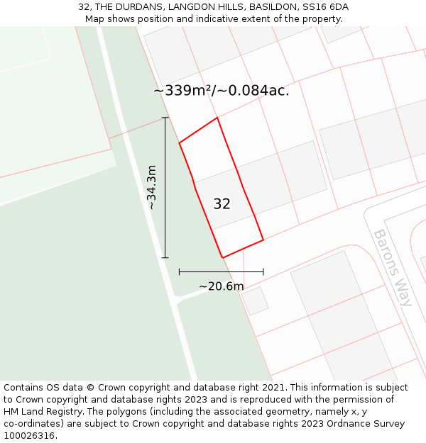 32, THE DURDANS, LANGDON HILLS, BASILDON, SS16 6DA: Plot and title map