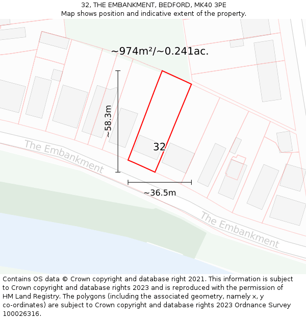 32, THE EMBANKMENT, BEDFORD, MK40 3PE: Plot and title map