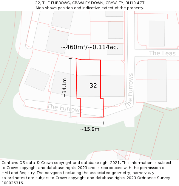 32, THE FURROWS, CRAWLEY DOWN, CRAWLEY, RH10 4ZT: Plot and title map