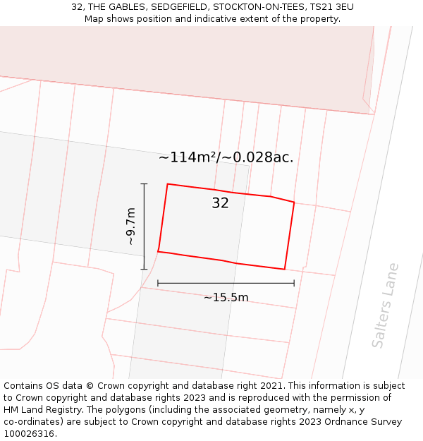 32, THE GABLES, SEDGEFIELD, STOCKTON-ON-TEES, TS21 3EU: Plot and title map