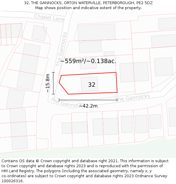 32, THE GANNOCKS, ORTON WATERVILLE, PETERBOROUGH, PE2 5DZ: Plot and title map