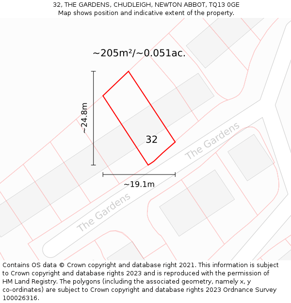 32, THE GARDENS, CHUDLEIGH, NEWTON ABBOT, TQ13 0GE: Plot and title map