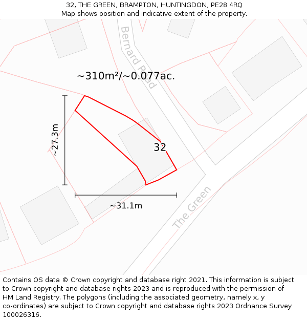 32, THE GREEN, BRAMPTON, HUNTINGDON, PE28 4RQ: Plot and title map