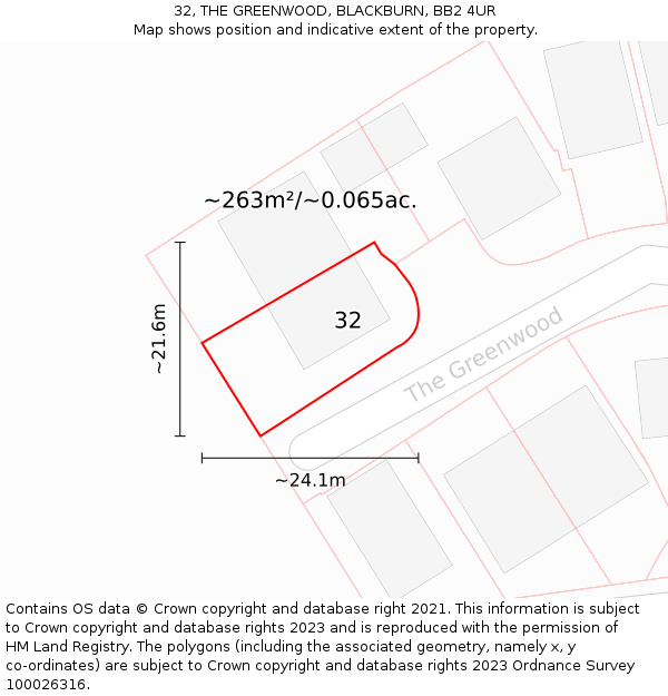 32, THE GREENWOOD, BLACKBURN, BB2 4UR: Plot and title map