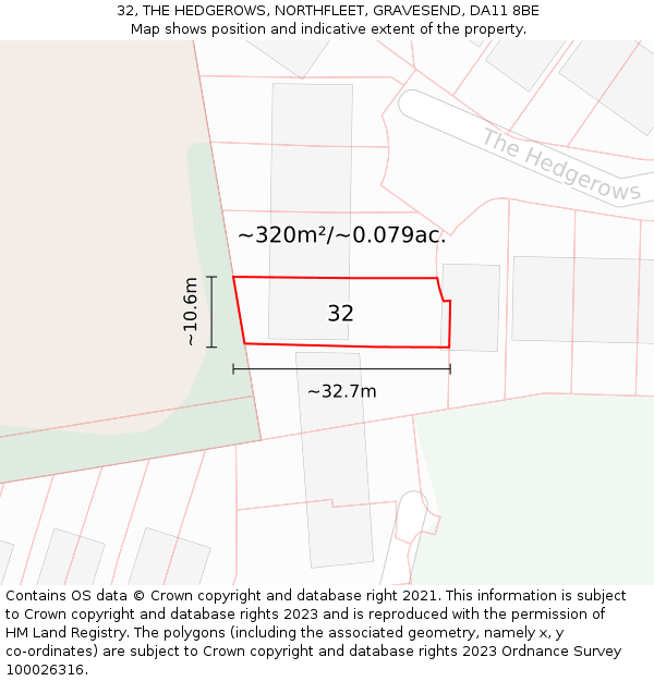32, THE HEDGEROWS, NORTHFLEET, GRAVESEND, DA11 8BE: Plot and title map